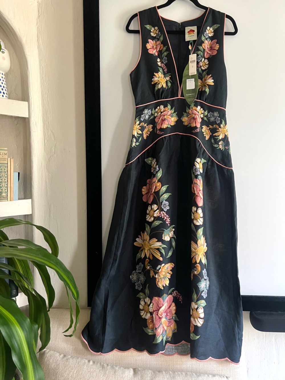 FARM Rio Maira Floral Dark Blue Linen Midi Dress Size Medium NWT - Picture 9 of 16